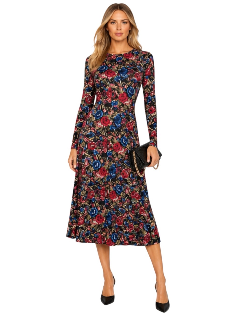 NWT OLIVIA by Livro Phoebe Jersey Knit Midi Dress Black Pink Blue Floral Size M